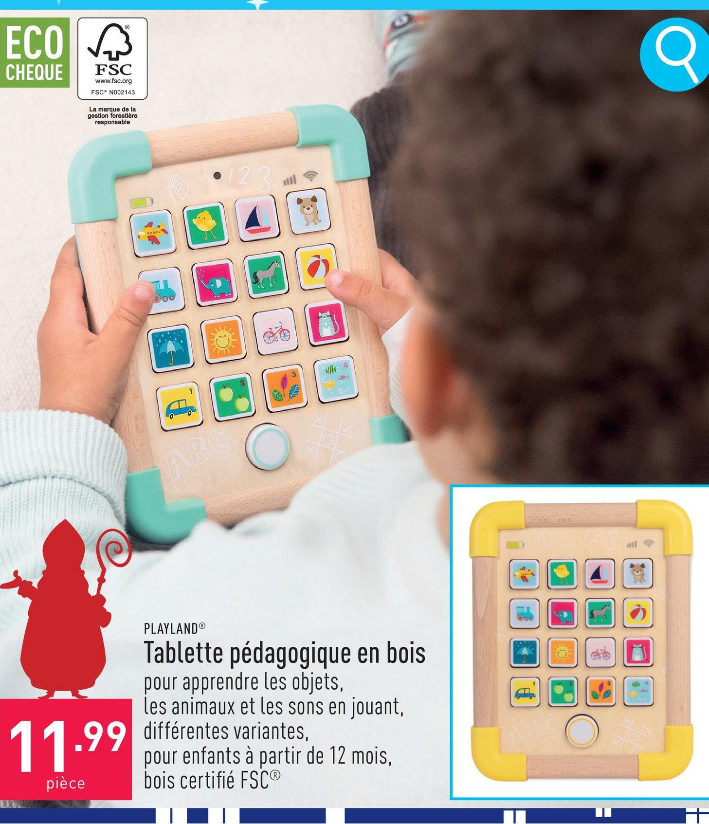 Tablette pédagogique en bois stimule la coordination œil-main, soutient la perception auditive en passant les sons correspondant aux images, pour apprendre les objets, les animaux et les sons en jouant, piles incl., choix entre différentes variantes, convient aux enfants à partir de 12 mois, bois certifié FSC®