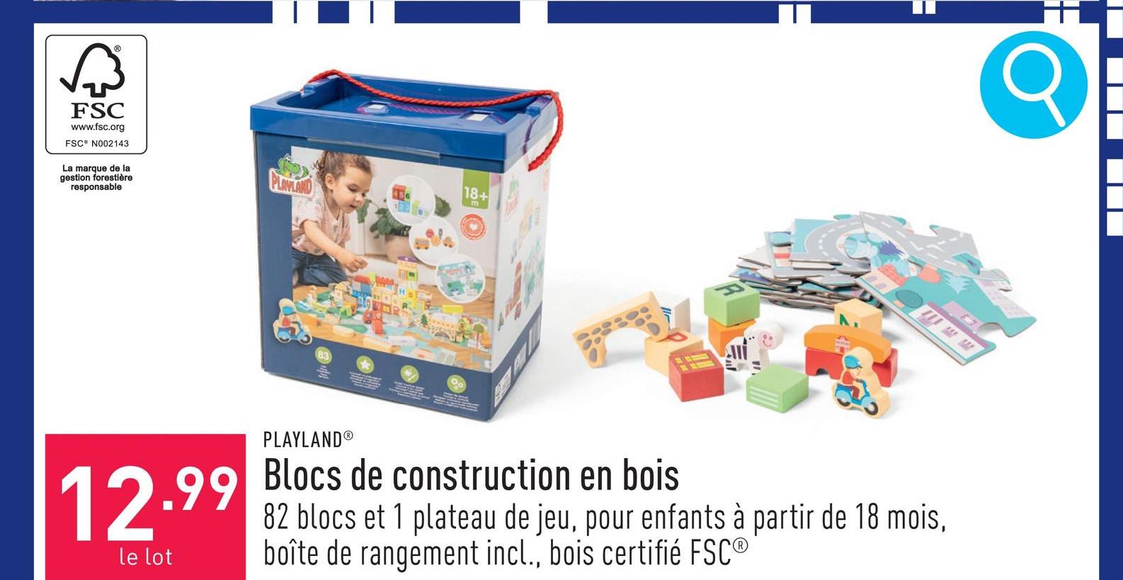 Blocs de construction en bois 82 blocs et 1 plateau de jeu, convient aux enfants à partir de 18 mois, boîte de rangement incl., bois certifié FSC®