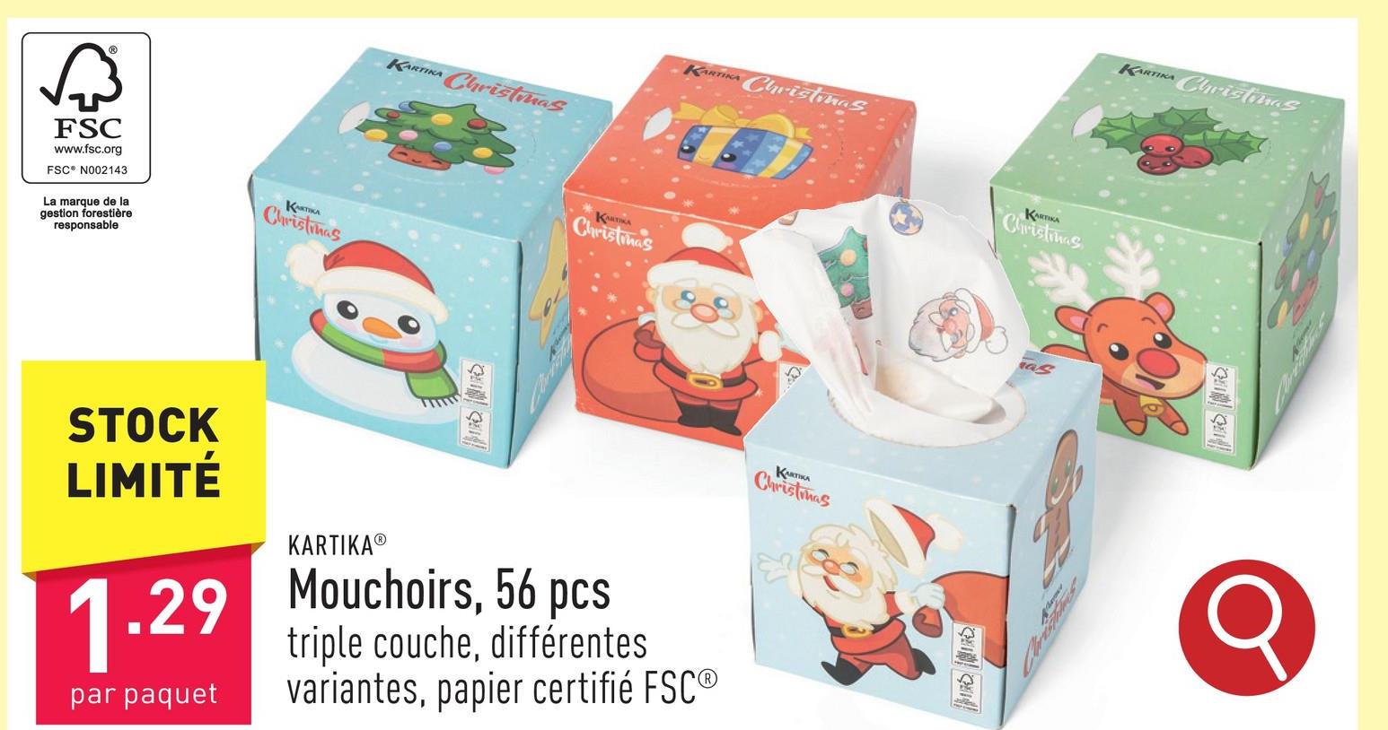 Mouchoirs, 56 pcs triple couche, choix entre différentes variantes, papier certifié FSC®