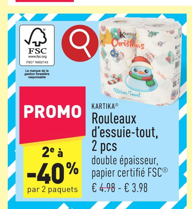 Rouleaux d’essuie-tout, 2 pcs double épaisseur, 70 feuilles par rouleau, papier certifié FSC®