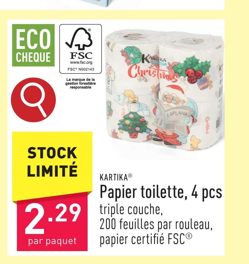 Papier toilette, 4 pcs triple couche, 200 feuilles par rouleau, papier certifié FSC®