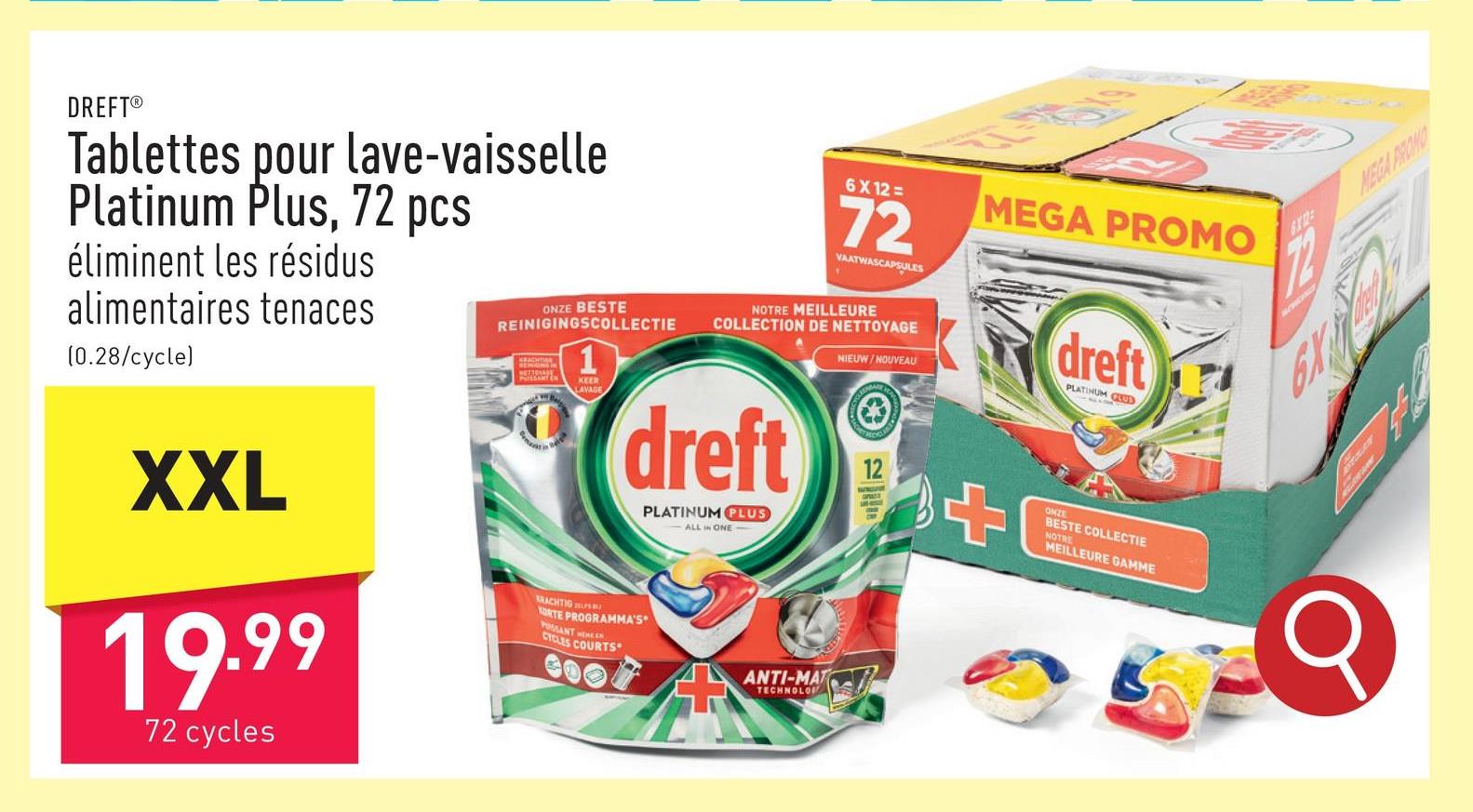 Tablettes pour lave-vaisselle Platinum Plus, 72 pcs éliminent les résidus alimentaires tenaces, redonnent à votre vaisselle son éclat original, le sachet ultrasoluble fond vite et marche bien dans les cycles courts parce qu’il commence vite à laver pour venir à bout de sa tâche