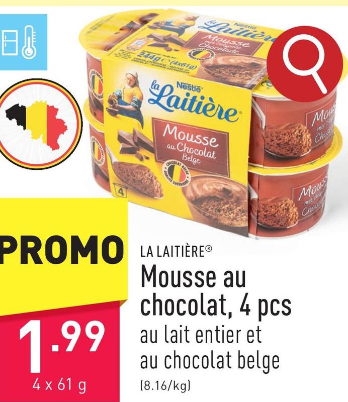 Mousse au chocolat, 4 pcs au lait entier et au chocolat belge