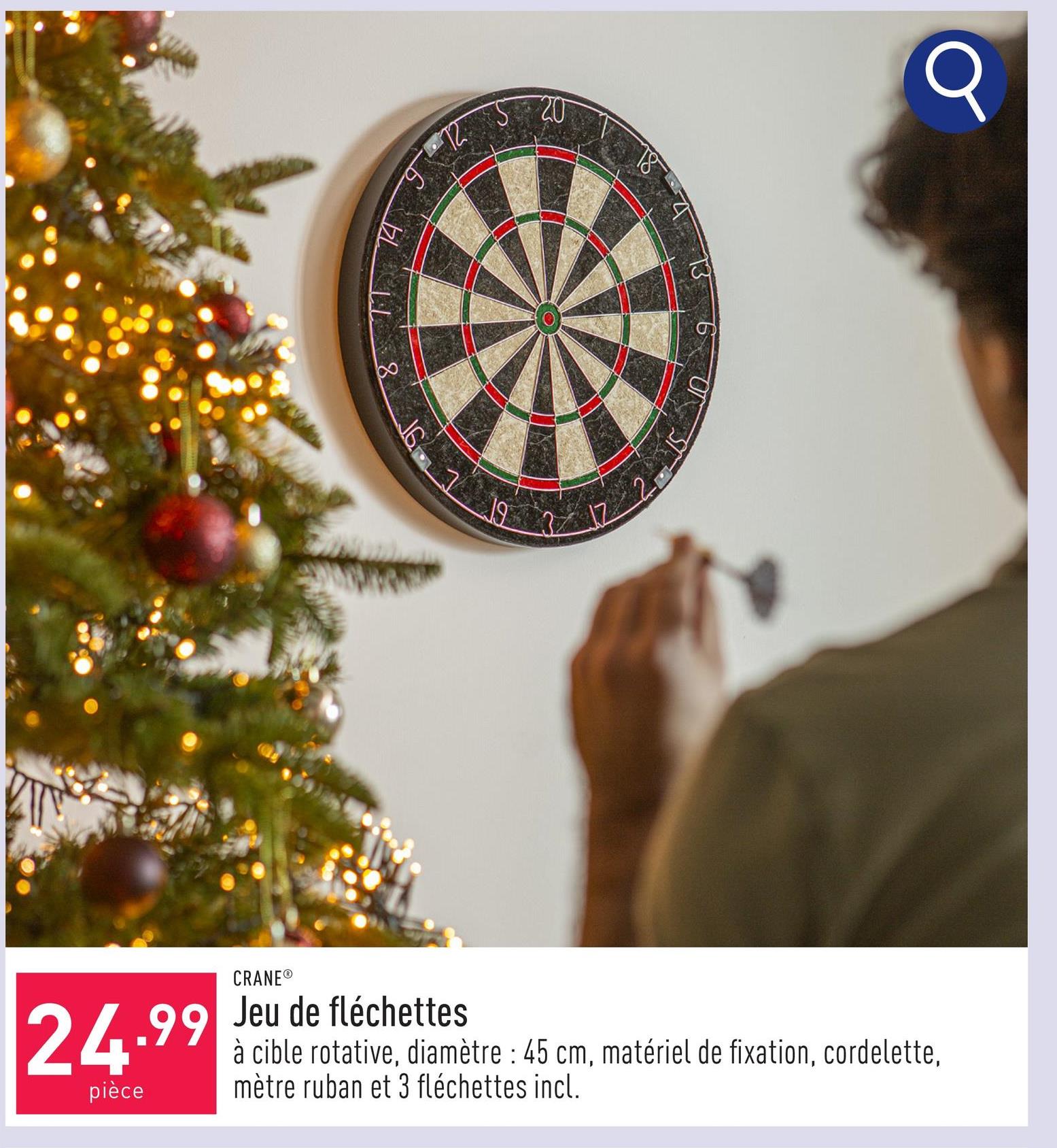 Jeu de fléchettes à cible rotative, diamètre : 45 cm, matériel de fixation, cordelette, mètre ruban et 3 fléchettes incl.