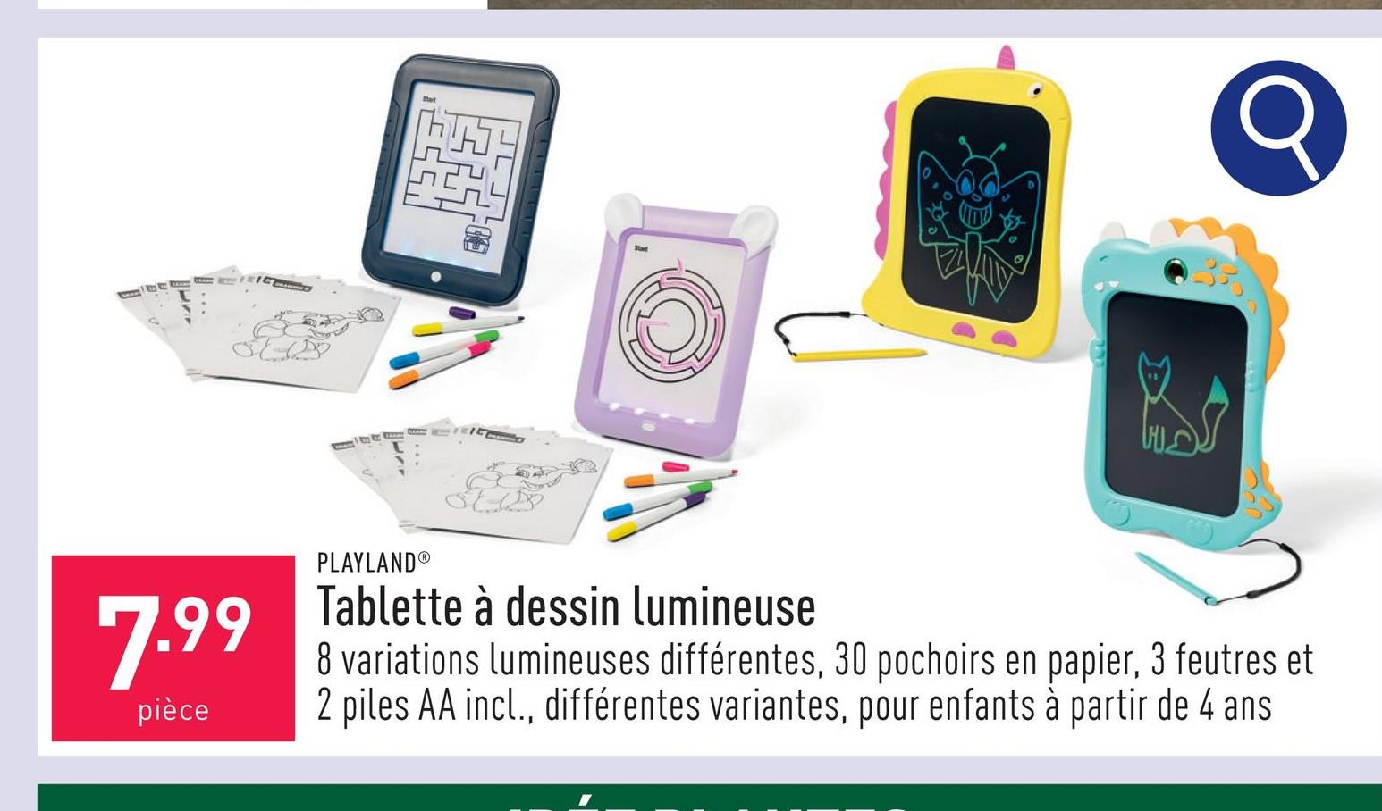 Tablette à dessin lumineuse stimule la créativité et l’imagination, 8 variations lumineuses différentes, 30 pochoirs en papier pour dessiner, écrire, apprendre et jouer, 3 feutres de 2 couleurs chacun et 2 piles AA incl., choix entre différentes variantes, convient aux enfants à partir de 4 ans