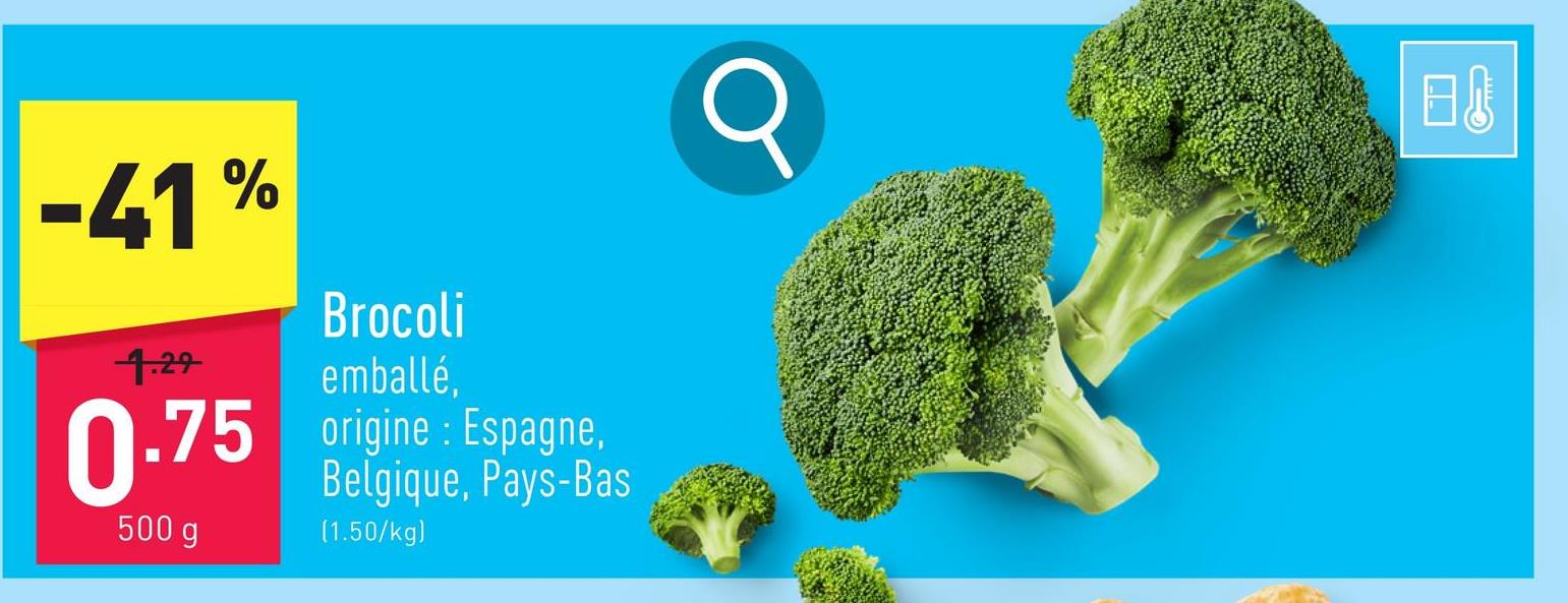 Brocoli emballé, origine : Espagne, Belgique, Pays-Bas