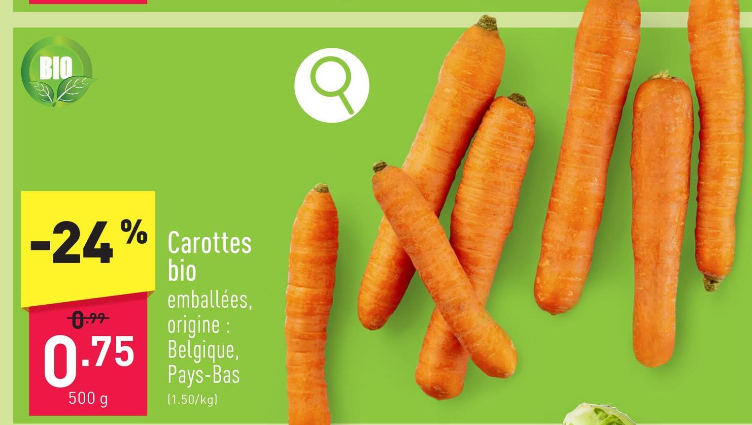 Carottes bio emballées, origine : Belgique, Pays-Bas