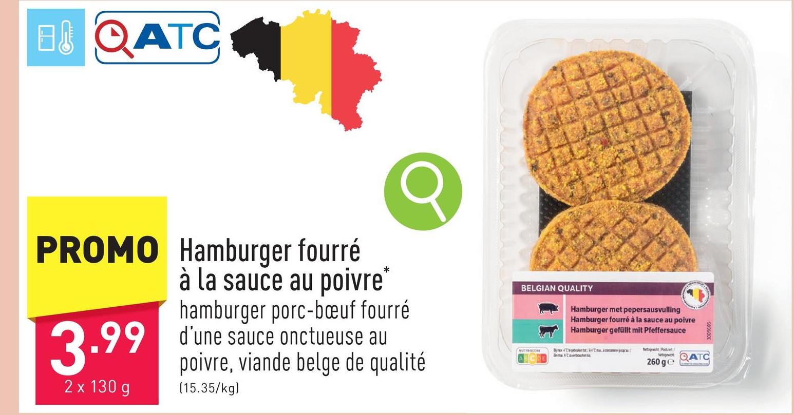 Hamburger fourré à la sauce au poivre hamburger porc-bœuf fourré d'une sauce onctueuse au poivre, viande belge de qualité