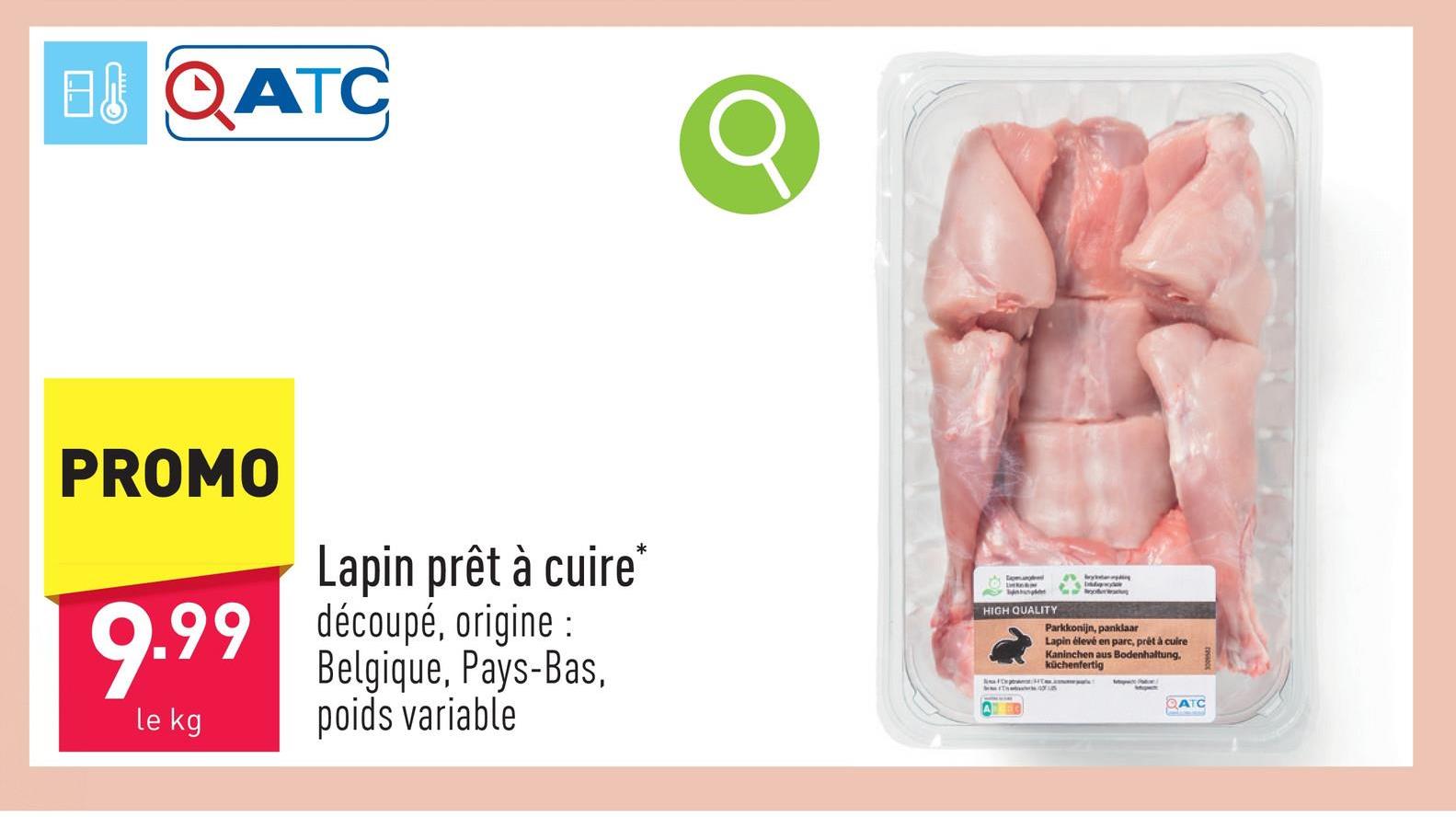 Lapin prêt à cuire découpé, origine : Belgique, Pays-Bas, poids variable