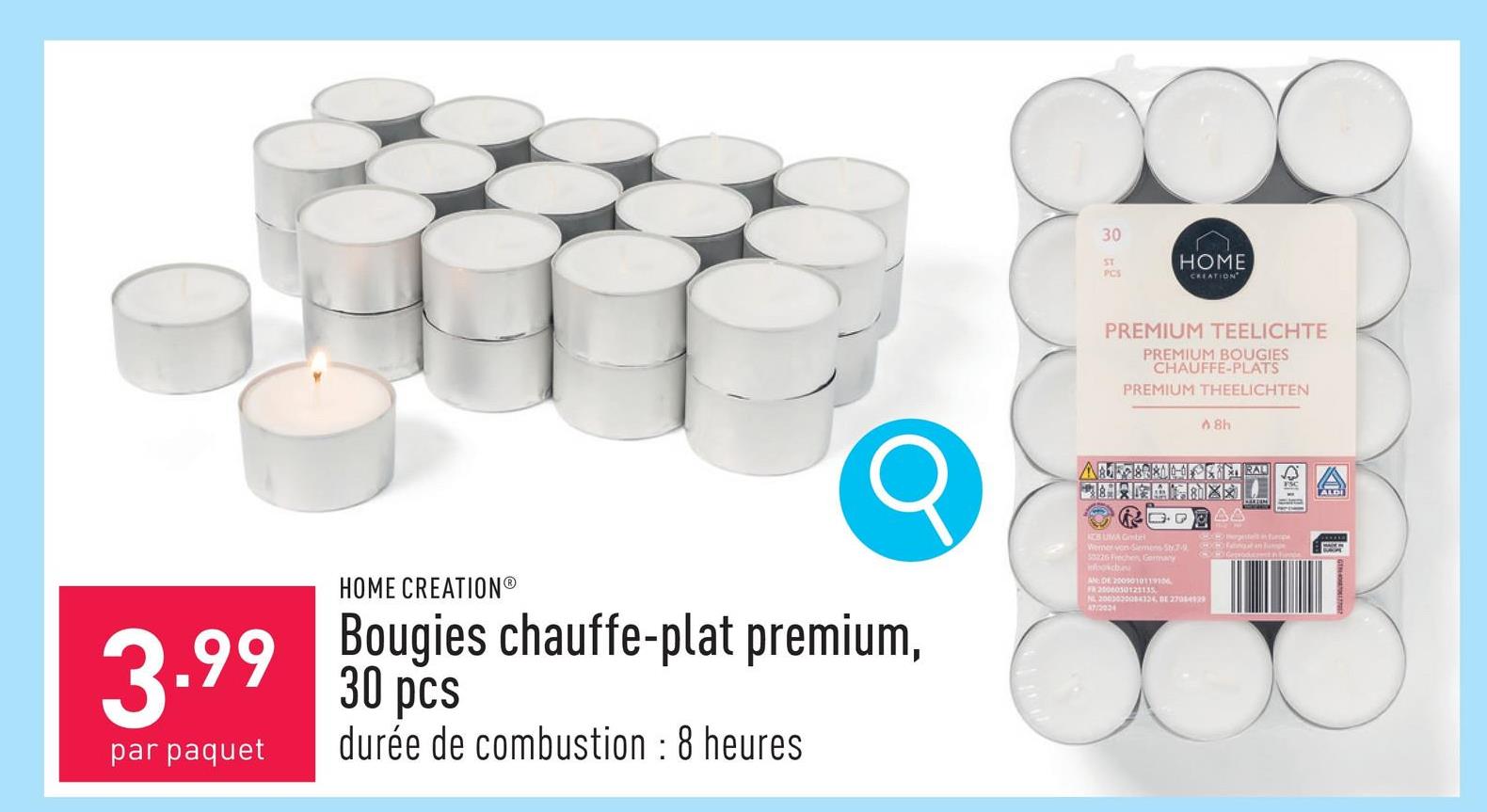 Bougies chauffe-plat premium, 30 pcs durée de combustion : env. 8 heures