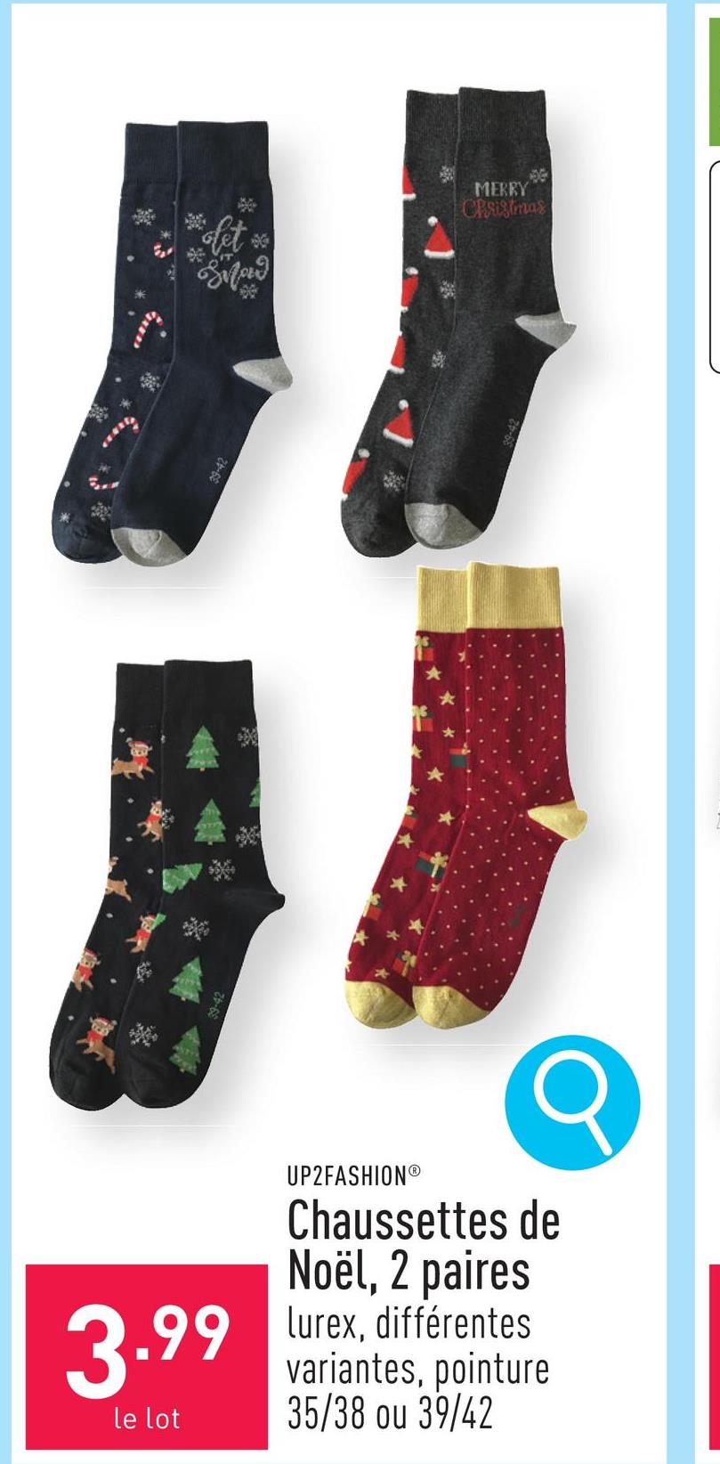 Chaussettes de Noël, 2 paires lurex, coton/polyamide/élasthanne (Lycra®)/fils métallisés, choix entre différentes variantes, pointure 35/38 ou 39/42, certifiées OEKO-TEX®