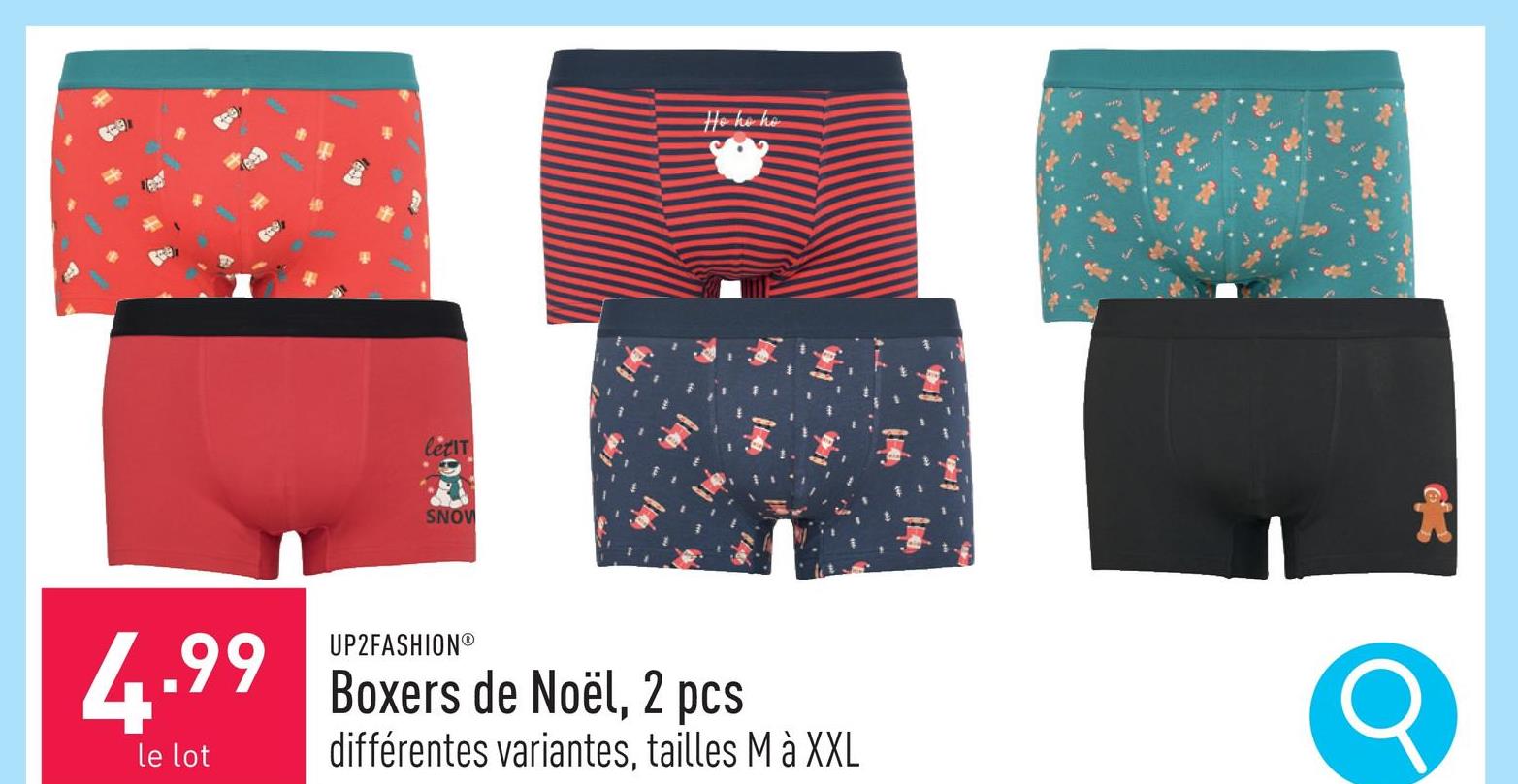 Boxers de Noël, 2 pcs coton/élasthanne (Lycra®), moulants, choix entre différentes variantes, tailles M à XXL, certifiés OEKO-TEX®