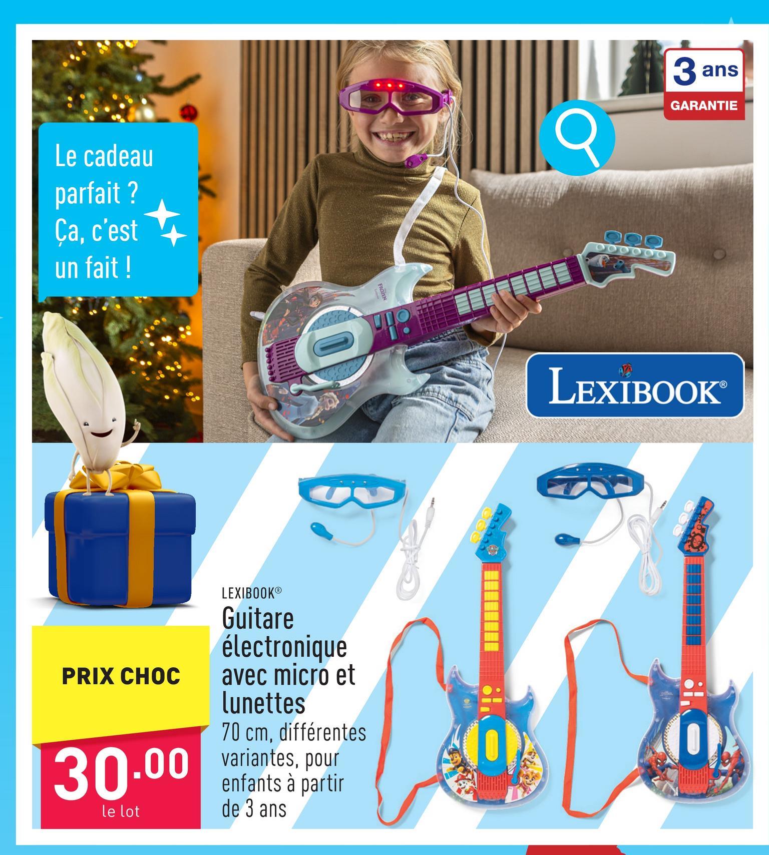 Guitare électronique avec micro et lunettes 70 cm, 6 airs démo et 2 rythmes compris, avec effets lumineux, choix entre différentes variantes, convient aux enfants à partir de 3 ans