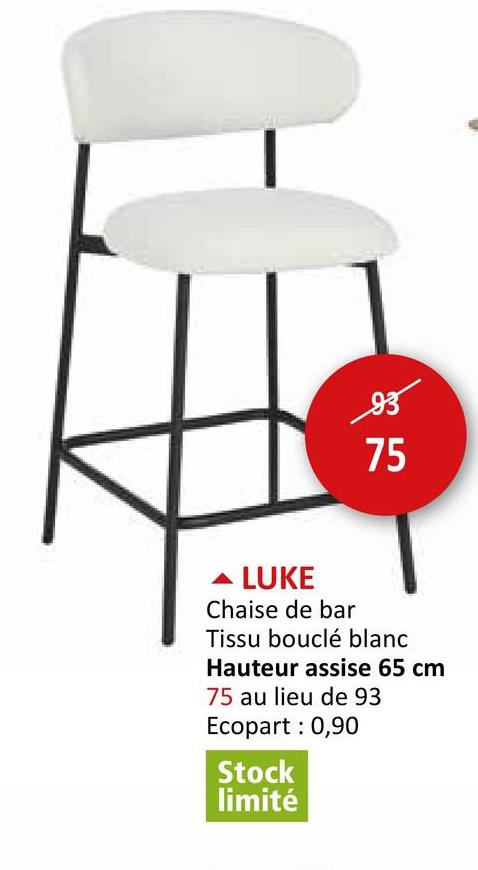 Chaise de bar Luke HA65cm - bouclé - blanc Chaises Tabouret Et Chaises De Bar