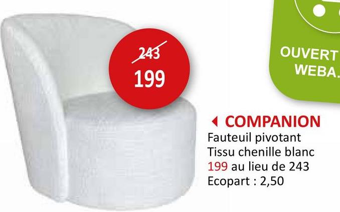 Fauteuil pivotant Companion 71x77x74cm - chenille - blanc Salons Fauteuils