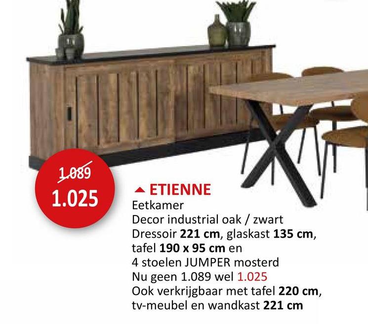 Eetkamer Etienne met 4 stoelen Jumper - tafel 190x95cm - dressoir 221cm - vitrinekast 135cm Eetkamersets Niet Voorgemonteerd