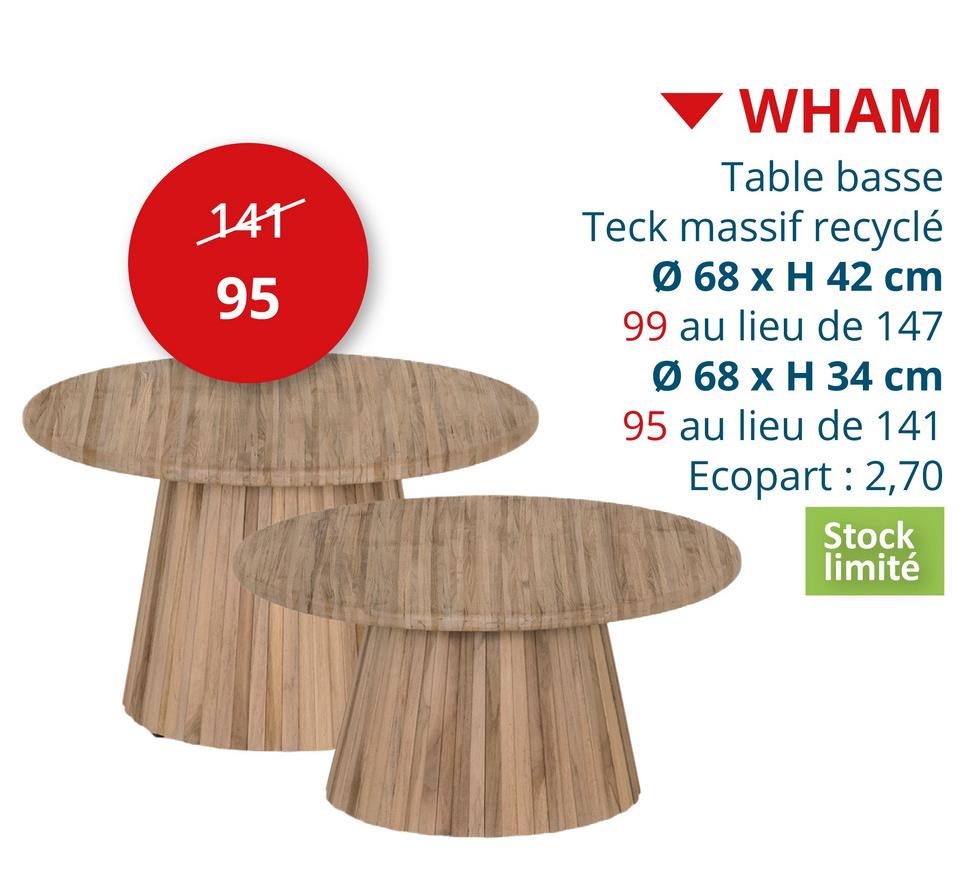 Table basse Wham Ø68x42cm teck massif Meubles D'appoint Tables Basses