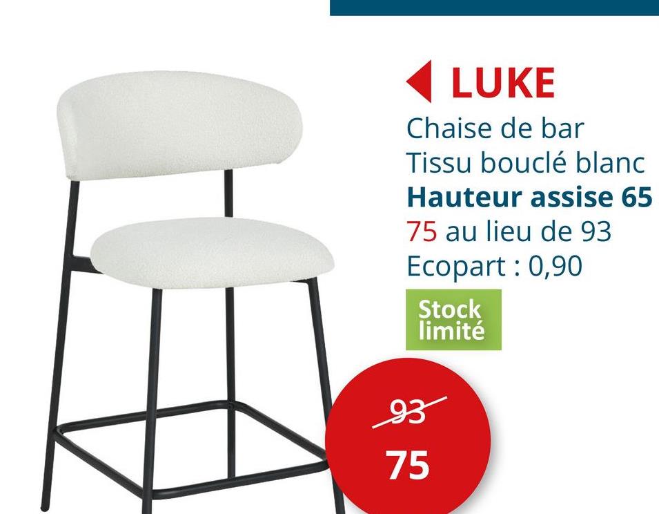 Chaise de bar Luke HA65cm - bouclé - blanc Chaises Tabouret Et Chaises De Bar