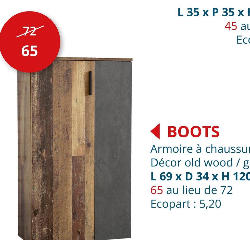 Armoire à chaussures Boots 69x34x120cm - panneau décor - old wood/gris foncé Armoires De Rangement Armoires à Chaussures