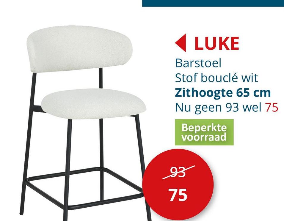 Barstoel Luke ZH65cm - bouclé - wit Stoelen Barstoelen