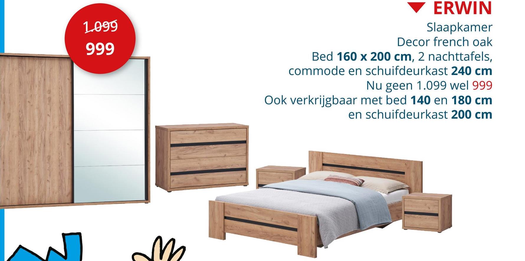 Slaapkamer Erwin met bed 160x200cm - kleerkast 240cm Slaapkamersets Complete Slaapkamers