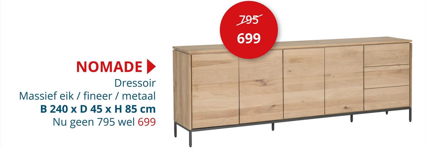 Dressoir Nomade 240cm eik massief en meubelplaat naturel Dressoirs Eetkamerkasten