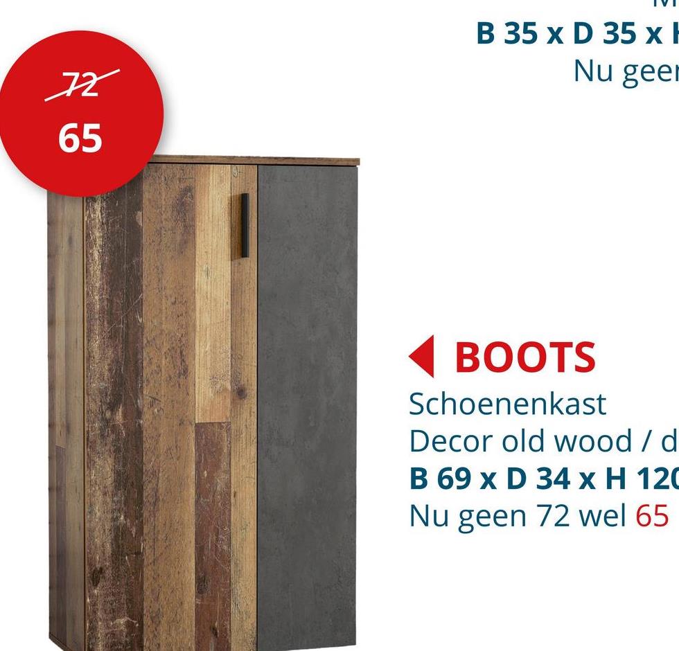 Schoenenkast Boots 69x34x120cm - meubelplaat - old wood/donkergrijs Kasten Schoenenkasten