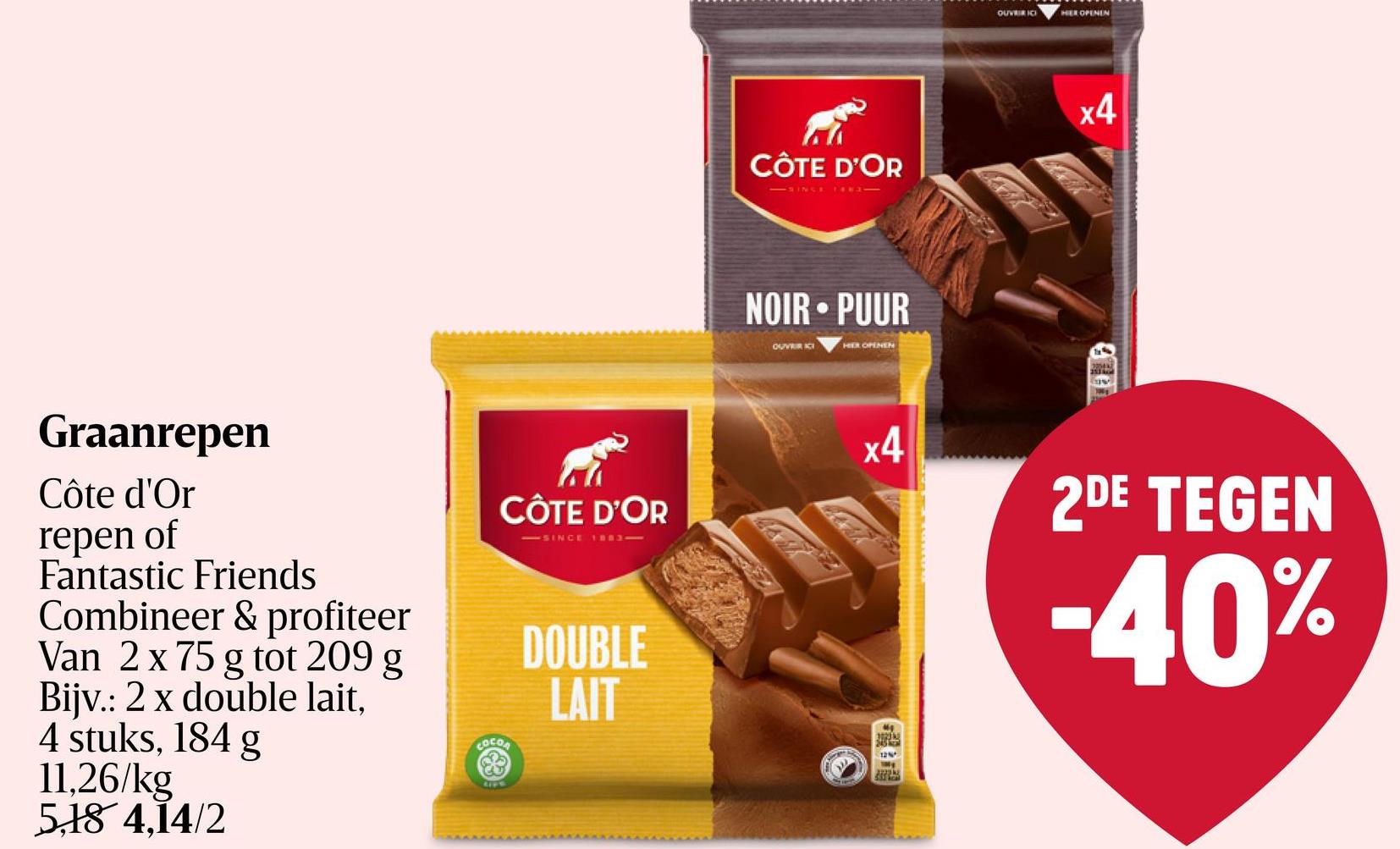 Chocolade | Melkchocolade | Noga | 6 Repen Proef snel Nougatti: een nogareep omhuld met de overheerlijke melkchocolade van Côte d'Or.