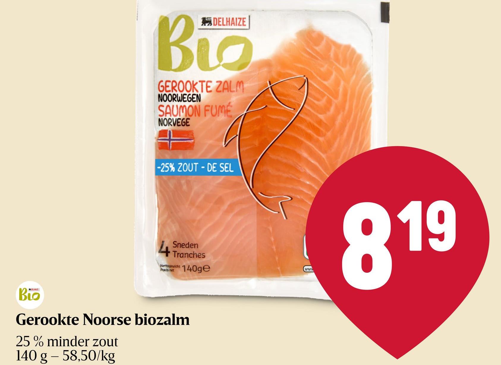 Noorse Gerookte Zalm -25% | Bio zout. Mechanisch gesneden product - 140g Noorse biologische gerookte zalm, gezouten met Posidonia gereduceerde in