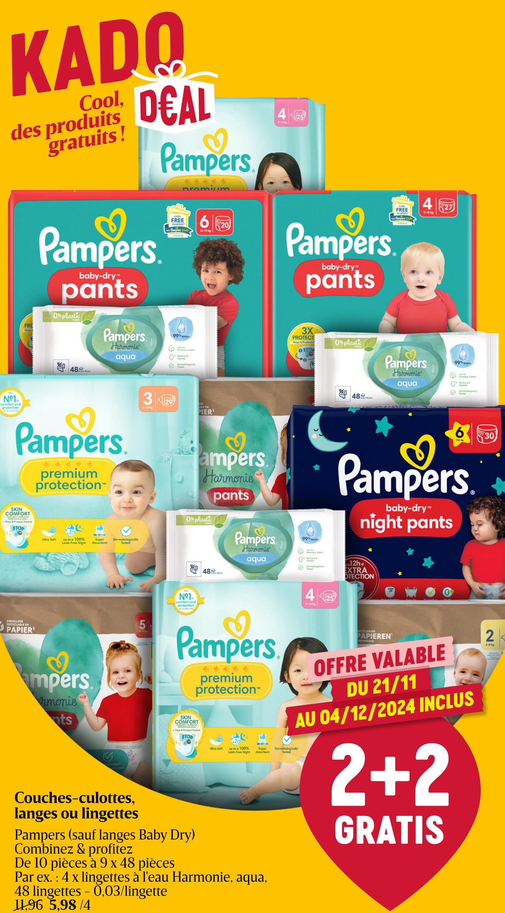 Lingettes | Aqua Les lingettes Pampers Harmonie Aqua sont composées à 99% d'eau pure et de coton bio (15%). Elles ne contiennent 0% de plastique, alcool et parfum. Elles aident à maintenir le pH naturel de la peau et ainsi à la protéger des irritations.