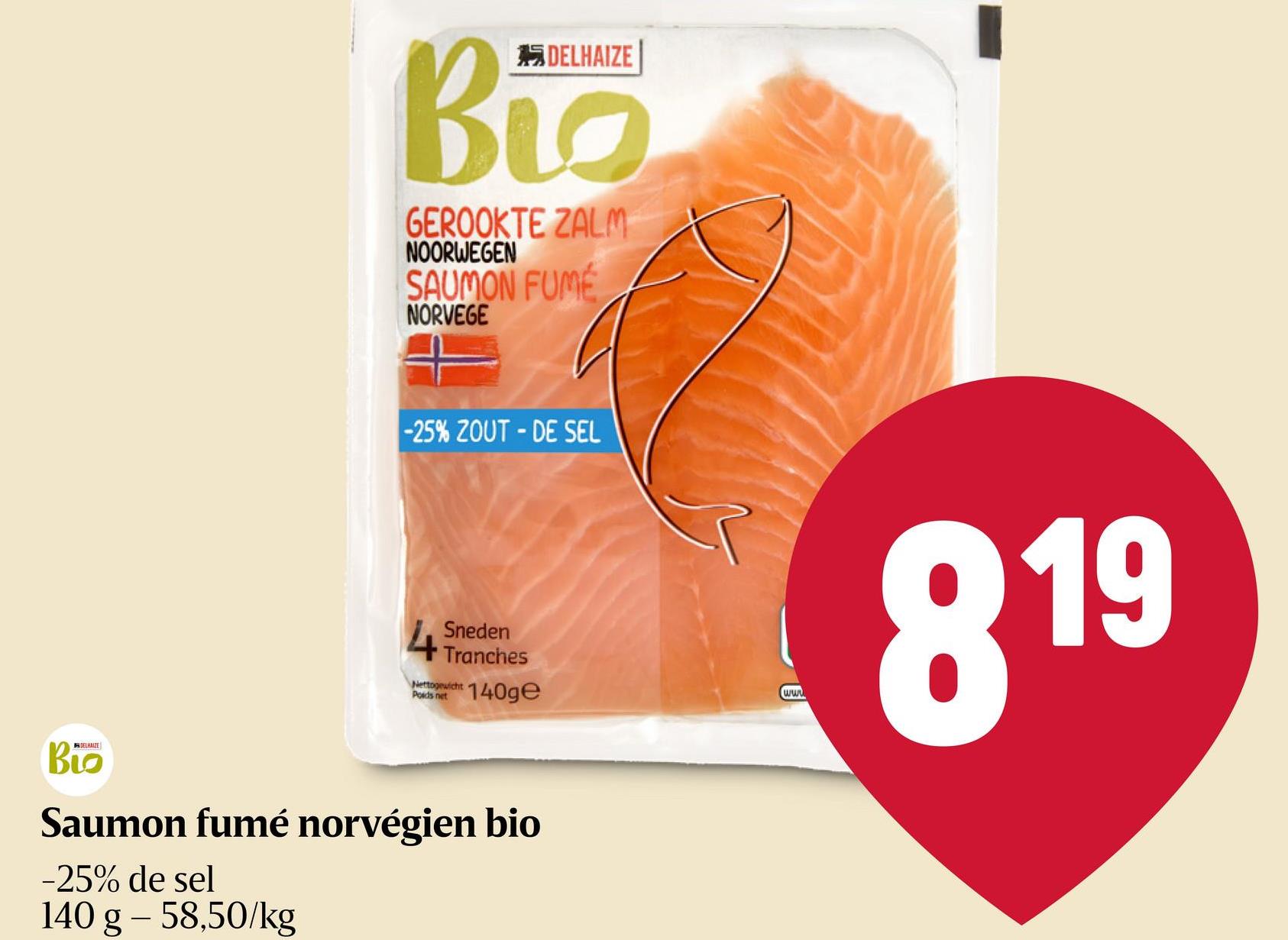 Saumon Fumé Norvégien -25% | Bio tranché mécaniquement - 140g Saumon fumé bio norvège, salé avec du Posidonia réduit en sel. Produit