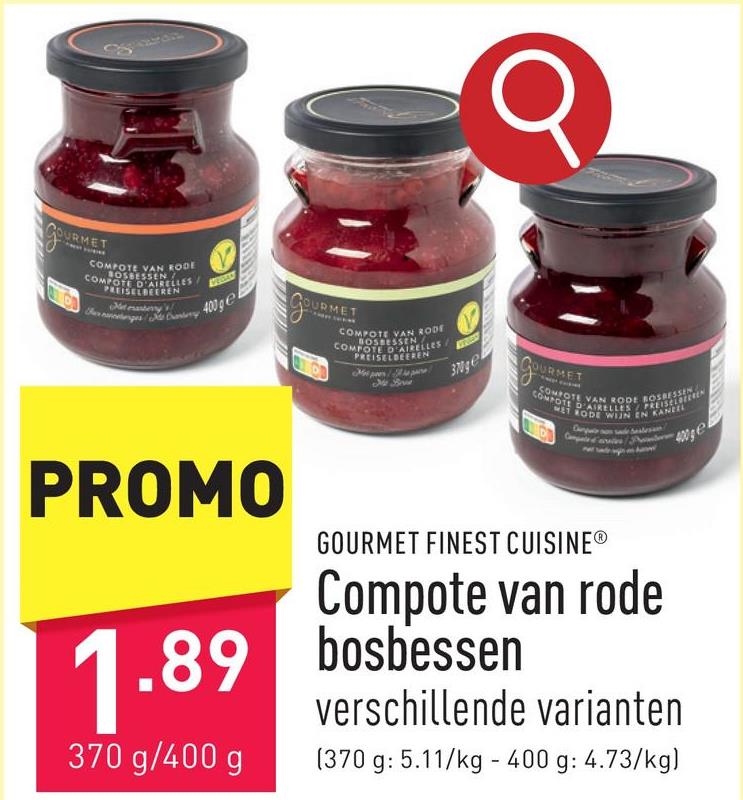 Compote van rode bosbessen keuze uit natuur (400 g), rode wijn/kaneel (400 g) en peer (370 g)