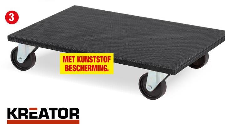 Kreator verhuisplaat 40x65 cm 400kg Met deze houten verhuisplaat van Kreator verhuis je vlot je zware meubels en onhandige voorwerpen tot wel 400kg. De plaat wordt ondersteund door vier stevige kunststof wielen met een diameter van 75mm. Het plateau van 40x65 cm is bedekt met een PVC-coating en houdt je materiaal goed en stabiel op zijn plaats, zodat je het zonder zorgen kan transporteren.