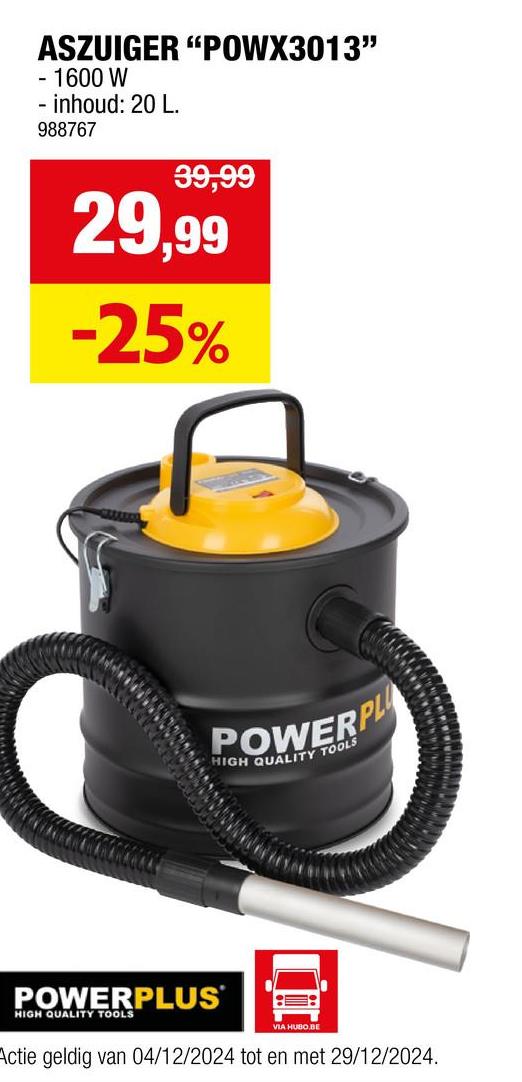 Powerplus POWX3013 aszuiger 1600W 20l Asresten uit de open haard of barbecue verwijderen is een fluitje van een cent met de POWX3013 aszuiger van Powerplus. Met zijn 17kPa aan zuigkracht is alles in een mum van tijd weer schoon. De robuuste stalen 20l-tank zorgt ervoor dat de aszuiger tegen een stootje kan.<br />
<br />
Met zijn aluminium-zuigmond is hij bestand tegen afgekoelde asresten van maximaal 40°C. De hoogrendementsfilter houdt zelfs de kleinste stofdeeltjes tegen. Het is aangeraden de aszuiger zelf regelmatig met perslucht schoon te maken om het fijne stof uit de filter te verwijderen.<br />
<br />
Het compacte ontwerp van de aszuiger maakt dat hij eenvoudig te transporteren is. Ook het praktische transporthandvat draagt daartoe bij. De aszuiger beschikt eveneens over een blaasfunctie. Ideaal om de werkplaats of het terras stof- en bladvrij te houden.
<ul>
	<li>Blaasfunctie om stof en vuil van de werkplaats te blazen</li>
	<li>Hoogrendementsfilter om de kleinste stofdeeltjes tegen te houden</li>
	<li>Werken in een gezonde en veilige omgeving</li>
	<li>Praktische handgreep voor eenvoudig verplaatsen</li>
</ul>