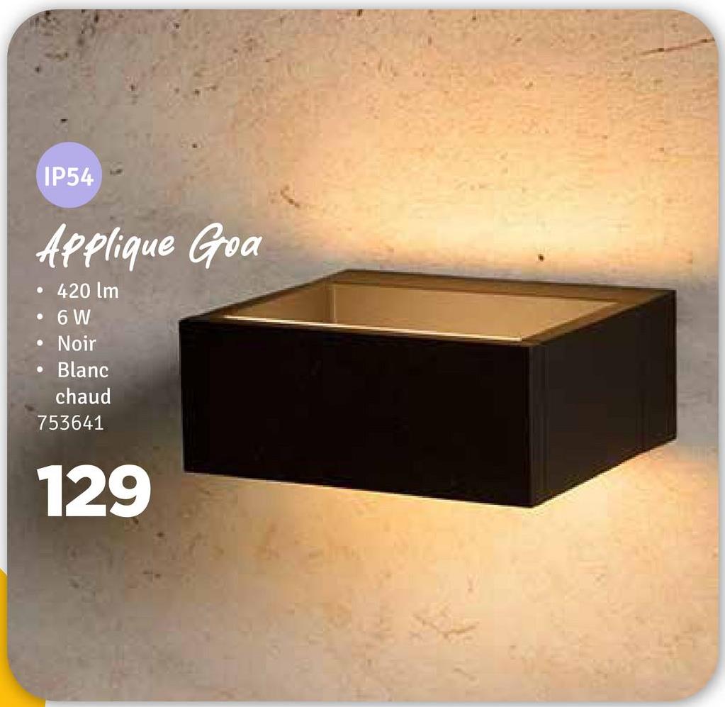 IP54
Applique Goa
•
420 lm
6 W
Noir
Blanc
chaud
753641
129