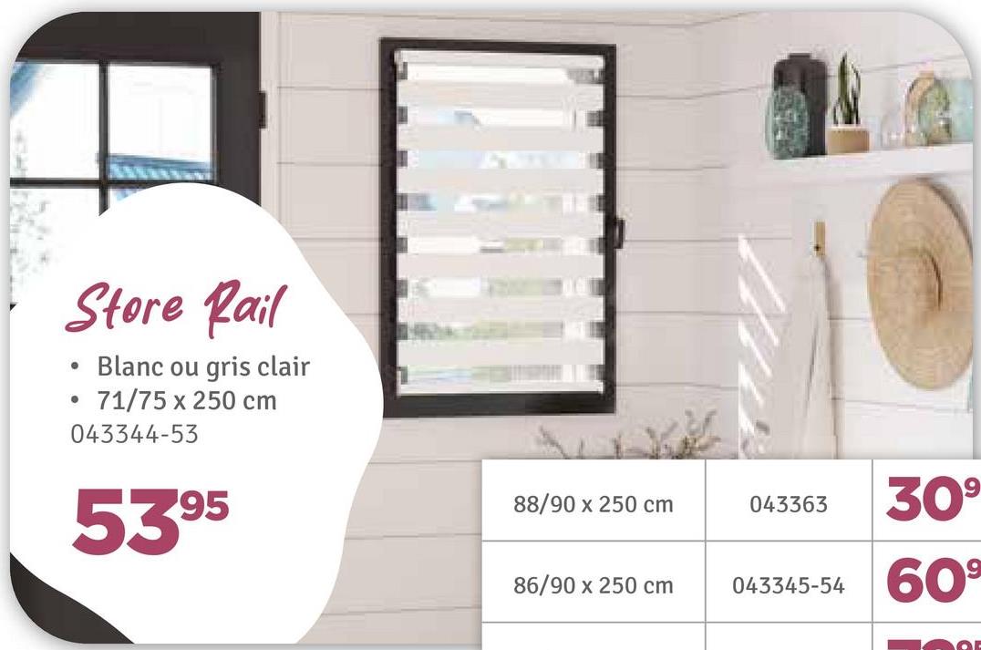 Store Rail
• Blanc ou gris clair
•
71/75 x 250 cm
043344-53
5395
88/90 x 250 cm
043363
30°
86/90 x 250 cm
043345-54 60°