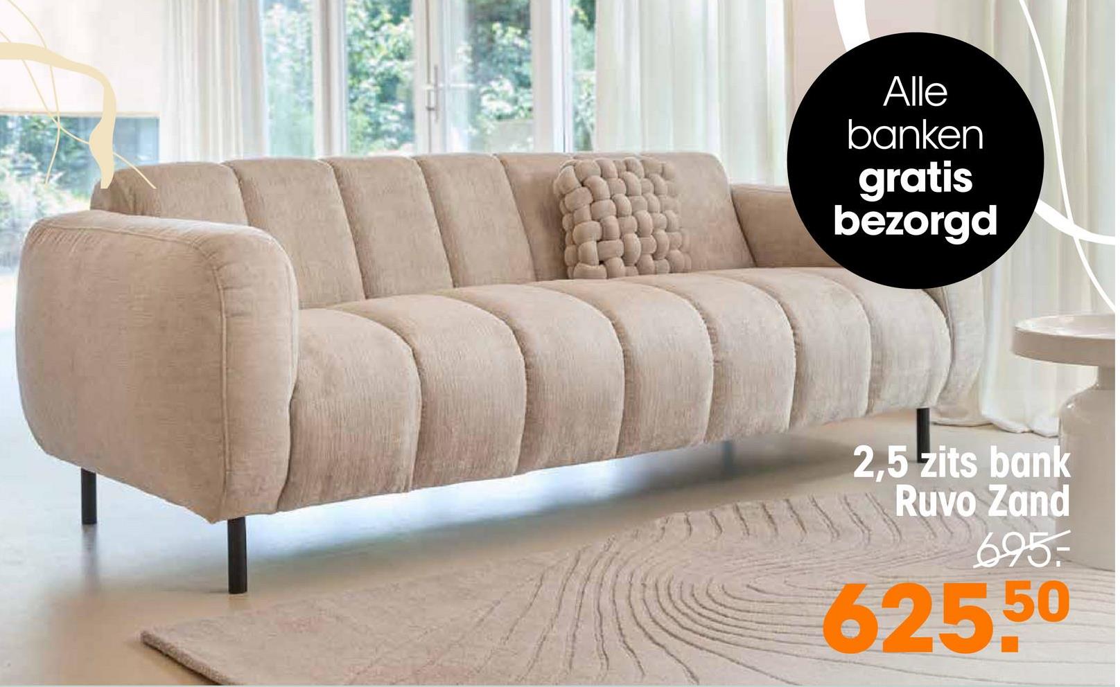 Bank Ruvo Zand <ul><li>Zachte en slijtvaste stof</li><li>220 (L) x 96 (B) x 75 (H) cm</li><li>Geschikt voor 2,5 personen</li><li>Met zwarte poten van hout</li></ul><p>Bank Ruvo heeft een mooie zand kleur en mooie zwarte pootjes van hout, waardoor de bank een modern