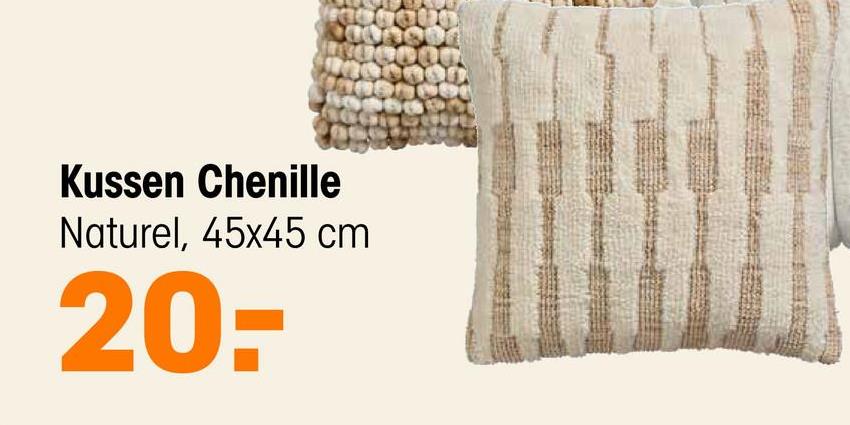 Kussen Chenille Naturel 45x45 cm <p>Het prachtige Chenille sierkussen in de kleur naturel is perfect voor op de bank. Dit gestreepte sierkussen,  met een formaat van 45x45 cm, is een sfeervolle aanvulling op elk interieur. Het vierkante kussen is  gemaakt van 100% katoen, wat zorgt