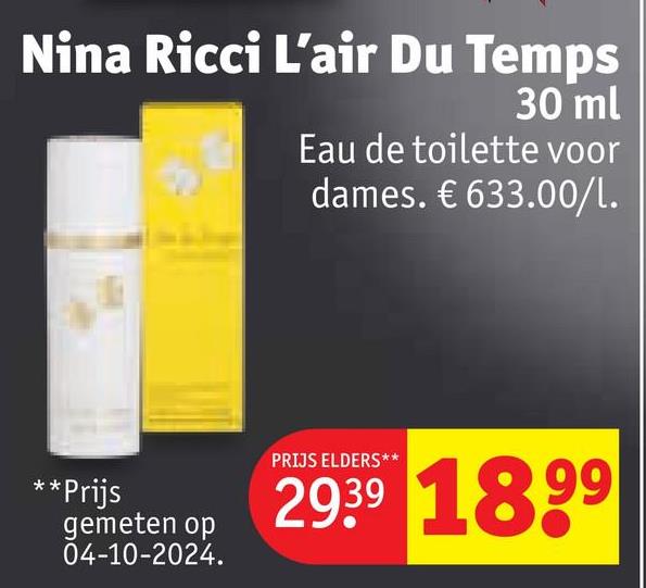 Nina Ricci L'air Du Temps
30 ml
Eau de toilette voor
dames. € 633.00/1.
**Prijs
gemeten op
04-10-2024.
PRIJS ELDERS**
29.39 18.99