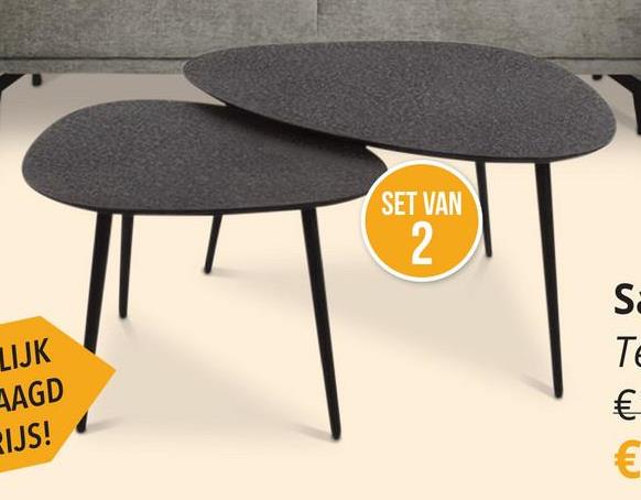 Salontafel set TESSA De set van twee salontafels TESSA stralen, met hun unieke
afgeronde driehoekige vorm, moderniteit en verfijning uit. De twee
verschillende groottes bieden veelzijdigheid in gebruik. Plaats ze naast elkaar
voor een groter oppervlak of apart voor meer flexibiliteit in de opstelling van
je woonkamer. De TESSA tafels kunnen dienen als handige plekken om drankjes,
snacks, boeken, of decoratieve items zoals bloemenvazen te plaatsen.