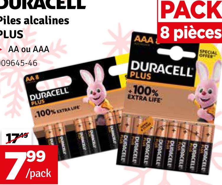 RACELL
Piles alcalines
PLUS
- AA ou AAA
09645-46
AAA
PACK
8 pièces
DURACELL
SPECIAL
OFFER
DURACELL
DURACELL
DURACELL
PLUT
DURACELE
1749
AA B
DURACELL
PLUS
.100% EXTRALIFE
66
7.99
/pack
PLUS
+100%
EXTRA LIFE
PLISS
PLUT
DURACELE
FLUE
DURACELE
PLU
DURACELL
DURACELL
FLUS