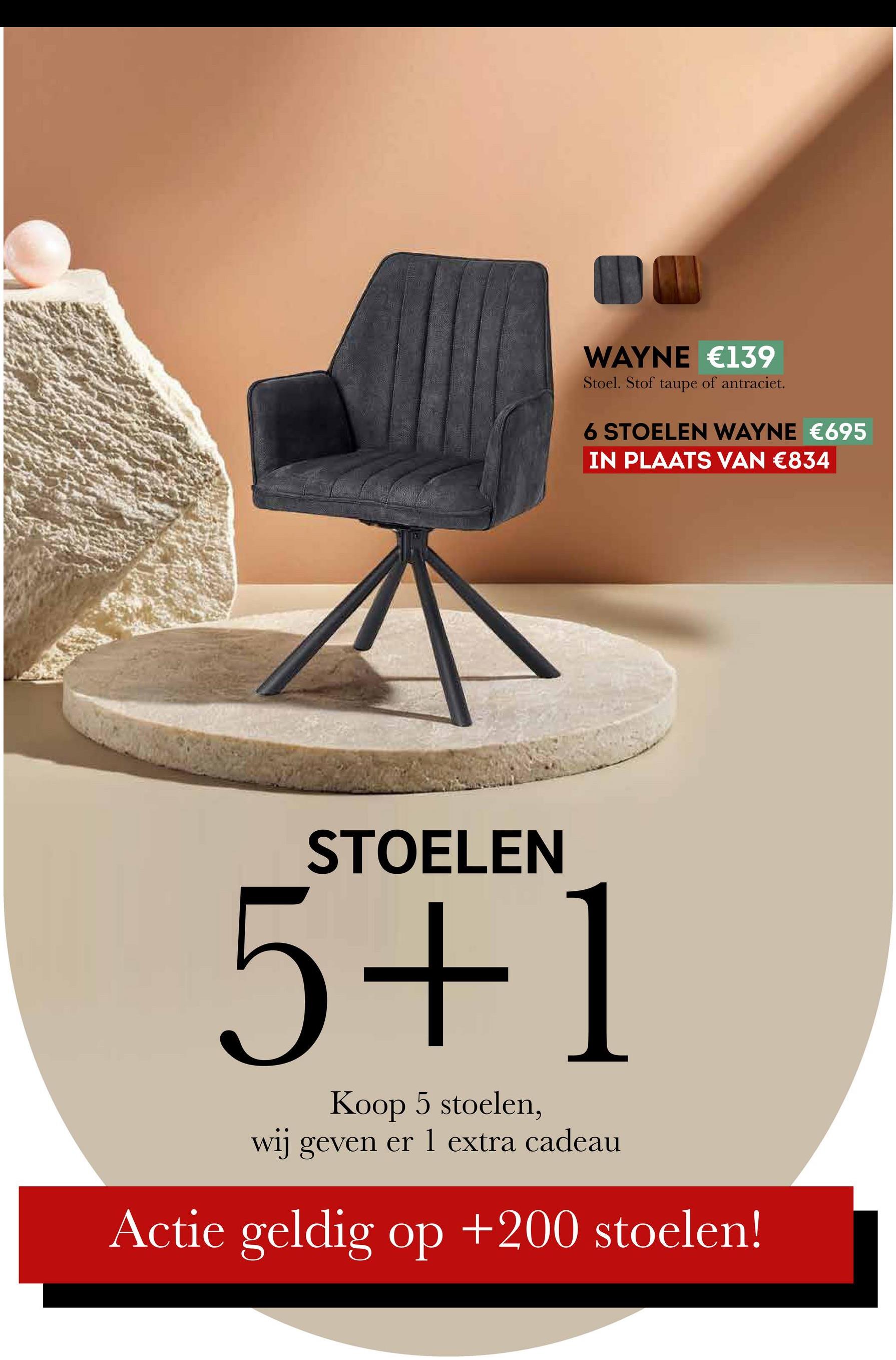 WAYNE €139
Stoel. Stof taupe of antraciet.
6 STOELEN WAYNE €695
IN PLAATS VAN €834
STOELEN
5+1
Koop 5 stoelen,
wij geven er 1 extra cadeau
Actie geldig op +200 stoelen!