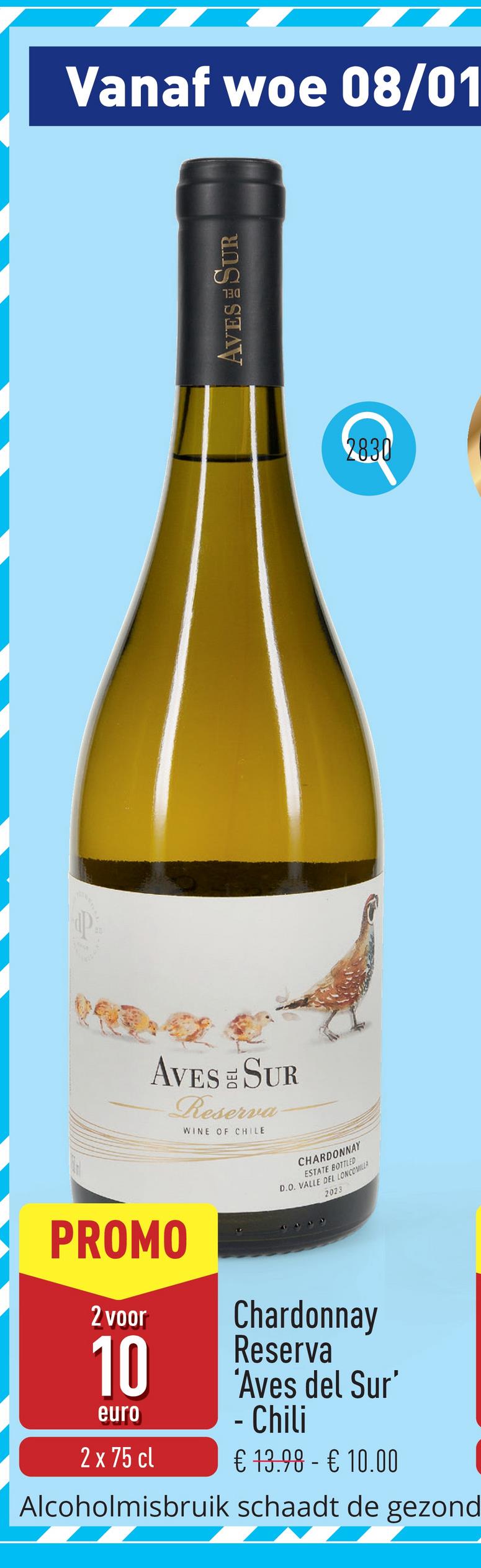 Chardonnay Reserva 'Aves del Sur' - Chili typische chardonnay uit Chili met mooi uitgebalanceerde aroma's van perzik, banaan, lychee en vanille, aangename, gerookte afdronk door lagering op eikenhouten vatendruivensoort: chardonnayaanbeveling: bij vis, zeevruchten, pasta en kazenserveertemperatuur: 10-12 °Cjaargang: 2023