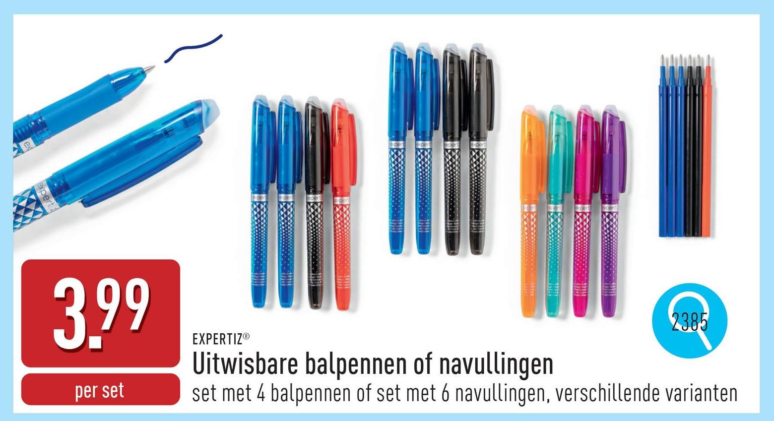 Uitwisbare balpennen of navullingen keuze uit set met 4 balpennen (gom op de dop) en set met 6 navullingen, keuze uit verschillende schrijfkleuren