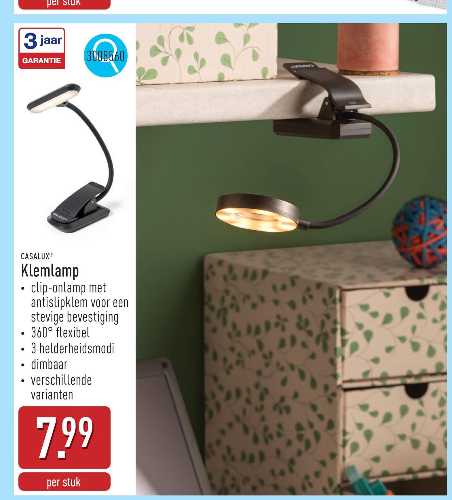 Klemlamp clip-onlamp met antislipklem voor een stevige bevestiging, 360° flexibel, 3 helderheidsmodi, dimbaar, keuze uit verschillende varianten