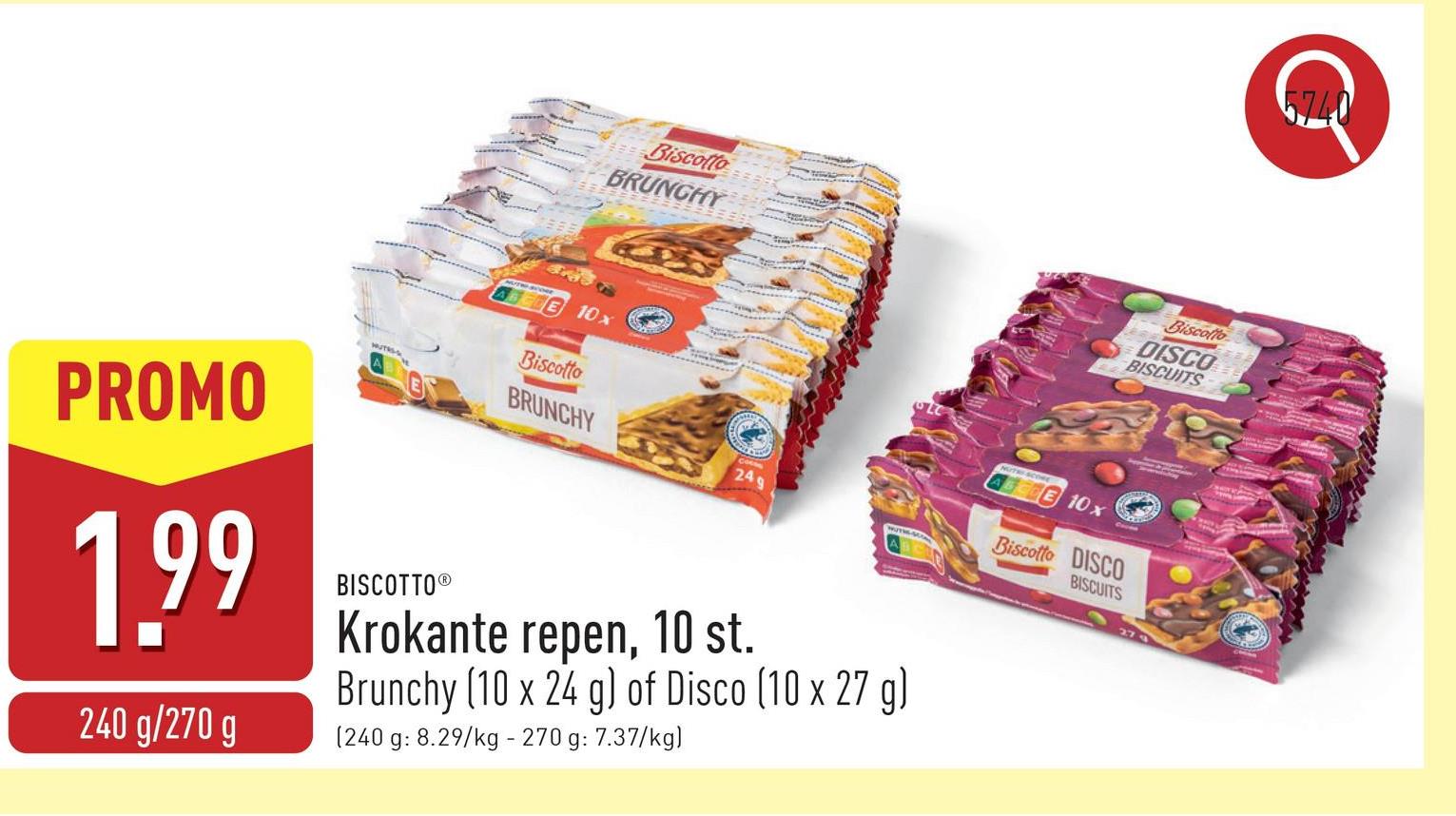 Krokante repen, 10 st. keuze uit Brunchy (10 x 24 g) en Disco (10 x 27 g), individueel verpakt