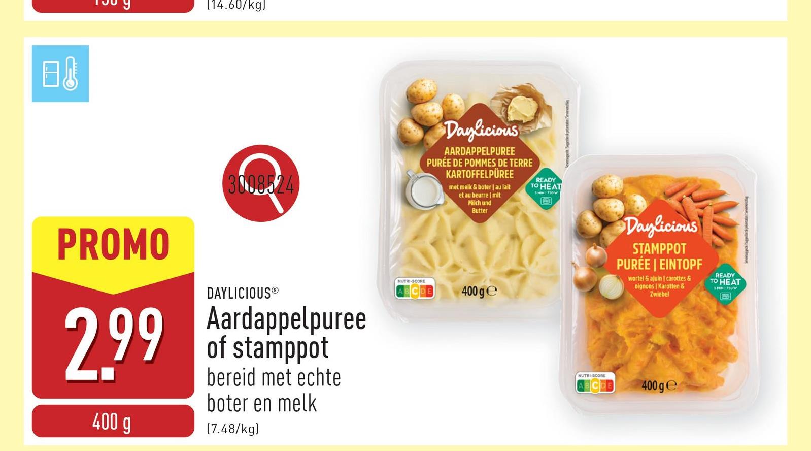 Aardappelpuree of stamppot bereid met echte boter en melk, keuze uit smeuïge puree of stamppot met wortel en ajuin