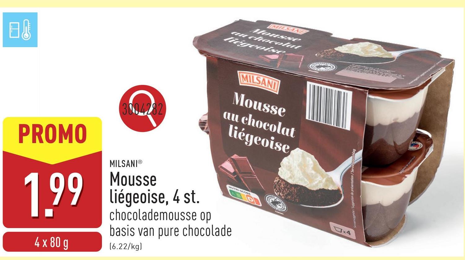 Mousse liégeoise, 4 st. chocolademousse op basis van pure chocolade, bedekt met slagroom