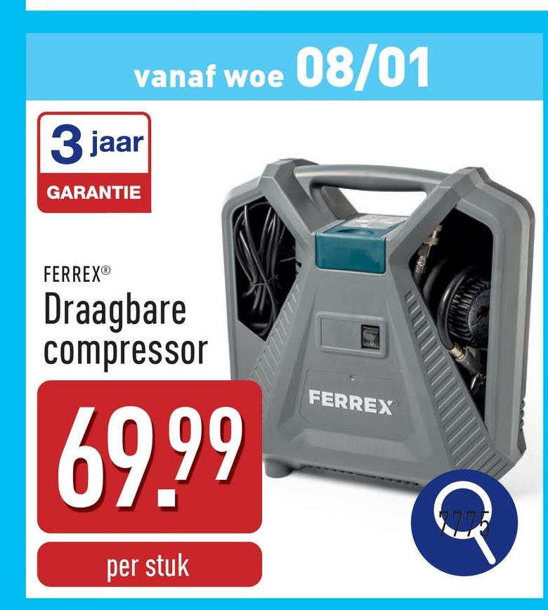 Draagbare compressor compacte uitvoering met handgreep, olievrije pomp met 8 bar werkdruk, persluchtslang van 3 m met snelkoppeling, stroomkabel: 5 m, 180 l/min.