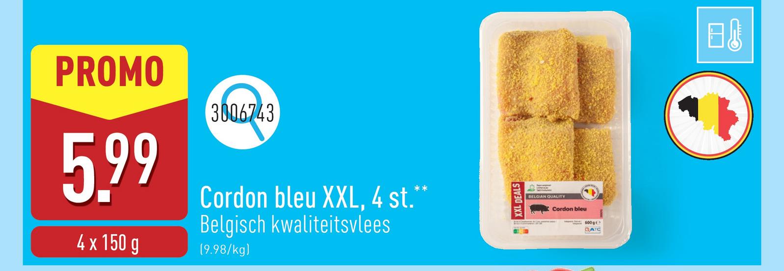 Cordon bleu XXL, 4 st. dun sneetje varkensrug gevuld met emmentaler en ham in kruidig paneermeel, Belgisch kwaliteitsvlees